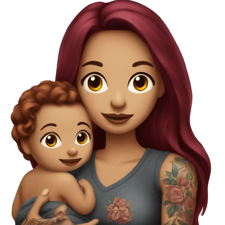 Beautiful tattooed burgundy long haired woman holding a baby emoji