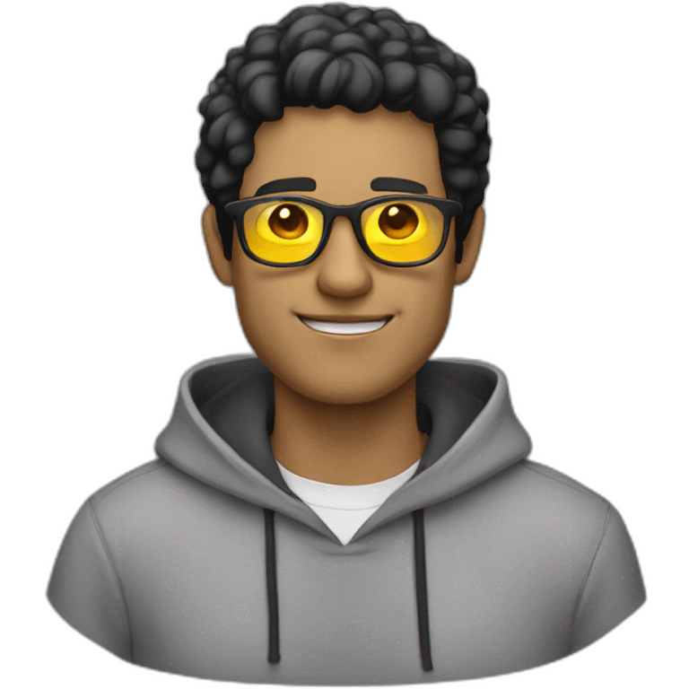 White man with yellow tinted glasses and black hair in a gray hoodie emoji