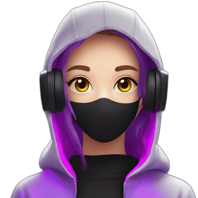 Russian student in the black hoody with violet letters "OMG" on it, wearing vr headset. Cyberpunk style. Violet neon. emoji