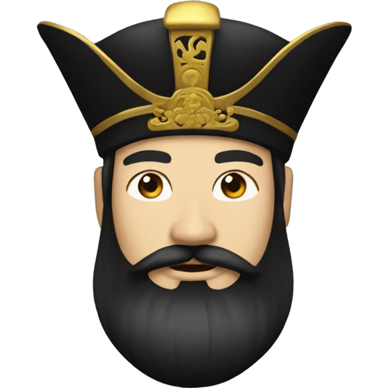 The Chinese emperor,with black hair and black beard,wore a high black golden hat emoji