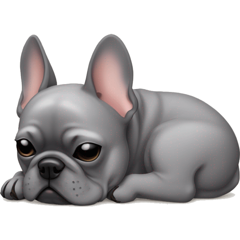 grey french bulldog sleeping on the floor, half of the body outside his floor cushon emoji