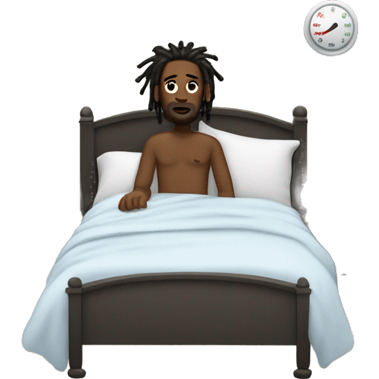 “Black man with dreadlocks, sick in bed, flushed face, thermometer, full body in bed.” emoji