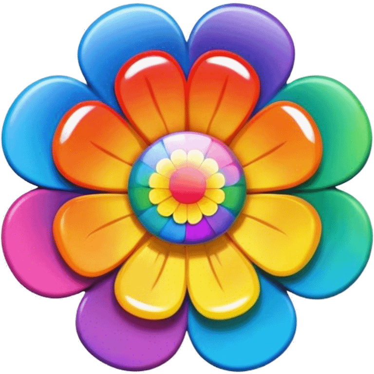 A round psychedelic colored button with bezeled edges and a rainbow colored flower in the center emoji