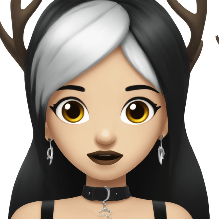 Portrait. Goth, deer girl. Wearing a black sleeveless dress with a choker. She has White antlers and deer ears. Long Black hair. She looks angry emoji