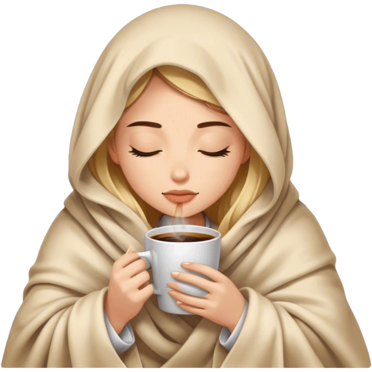 girl inside a blanket sipping coffee eyes closed emoji