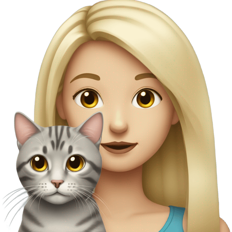 blonde girl portrait with grey tabby cat  emoji