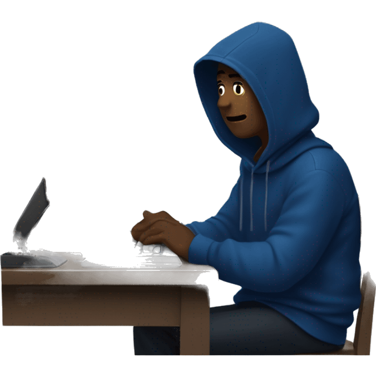 A man in a dark blue hoodie with a capelet on his head, his face not visible in the shadows, is sitting at a computer. emoji