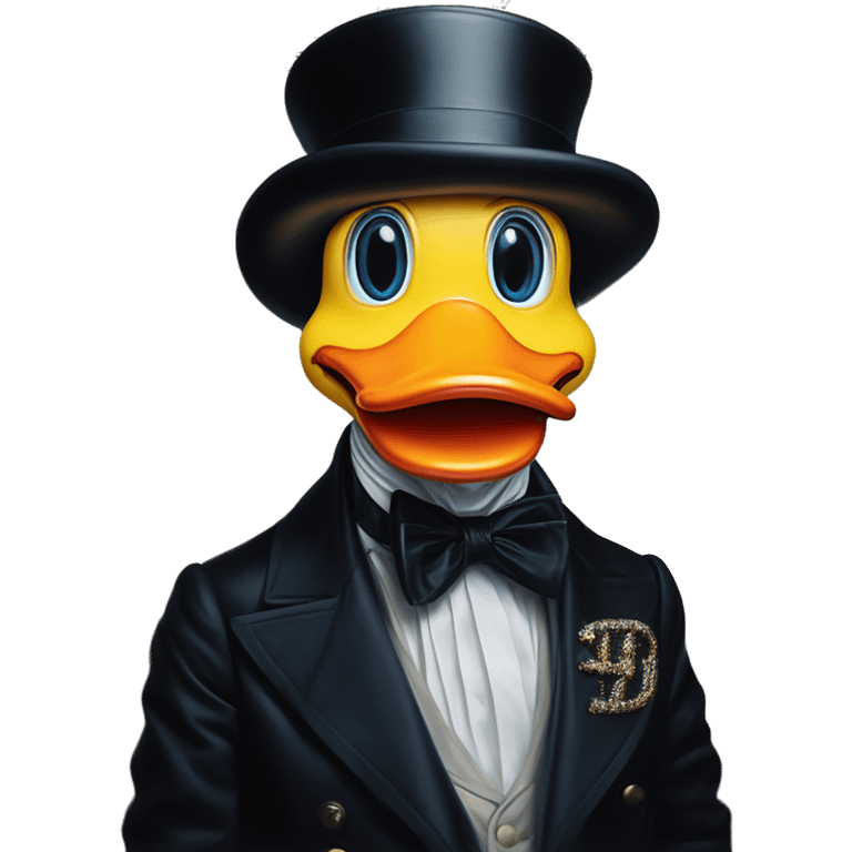 Uncle Scrooge Rubberduck in Dior Gucci Hermes, oil paint, mysterious eyes, intricate lips, masterpiece portrait , odd perspective, beautiful, desirable, logical emoji