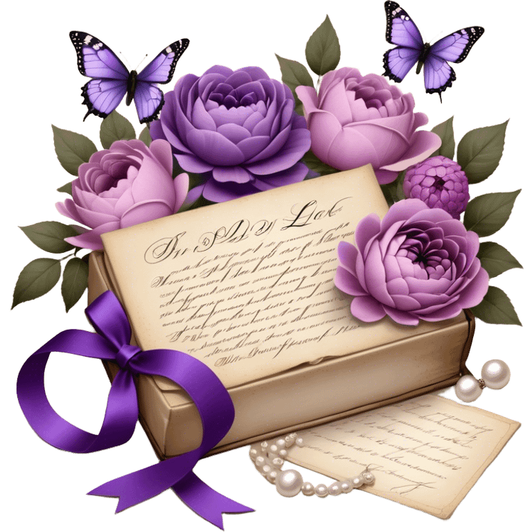 An antique love letter bundle, bound delicately with a purple silk ribbon, rests beside an arrangement of dried blush violet roses, lilac peonies, and soft purple dahlias, while a silver butterfly brooch adorned with pearls seems to pause, captivated by the deep violet inked calligraphy flowing across the aged parchment. emoji