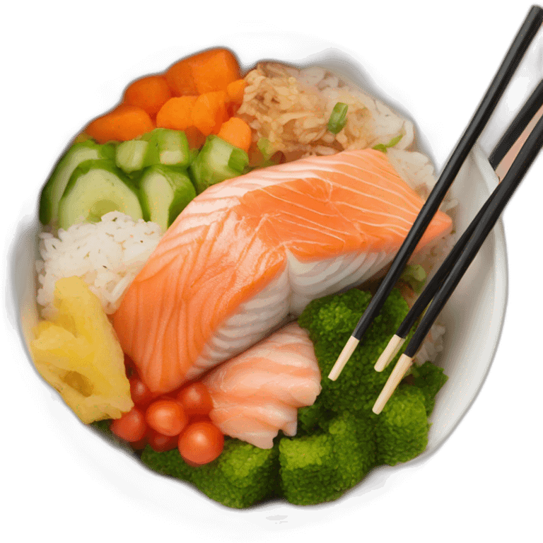 rice salmon pokebowl with veggies and chopsticks emoji