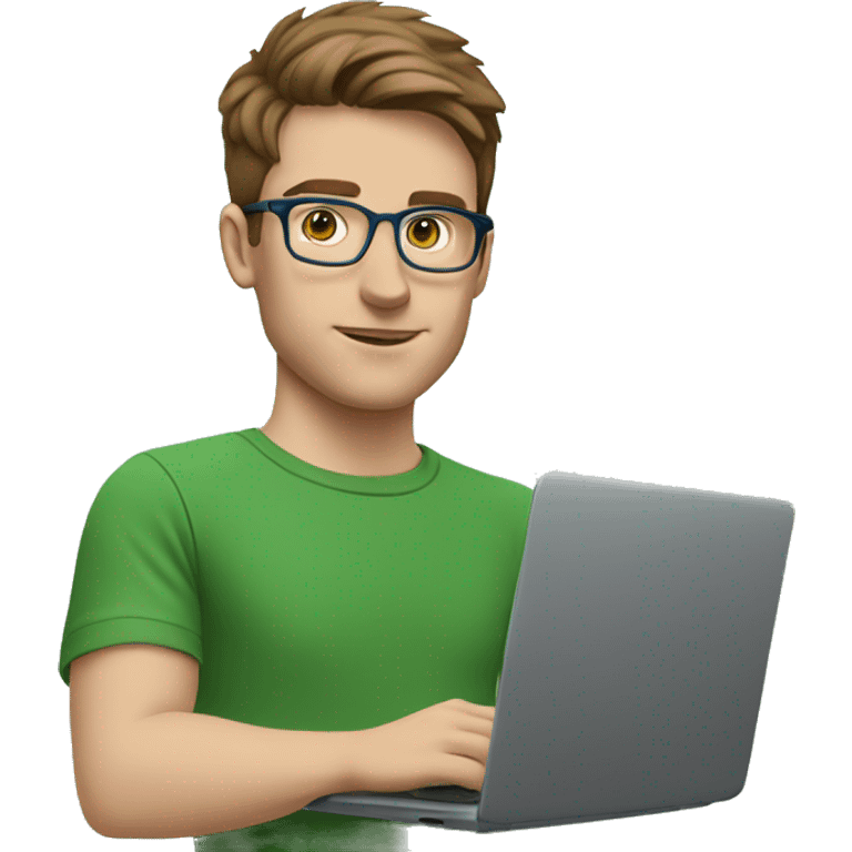 white young man with blue eyes and brown hair and square glasses wearing green t-shirt with laptop emoji