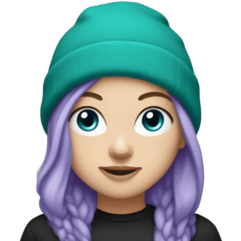 White girl, blue eyes, long teal hair, purple beanie hat, black hoodie emoji