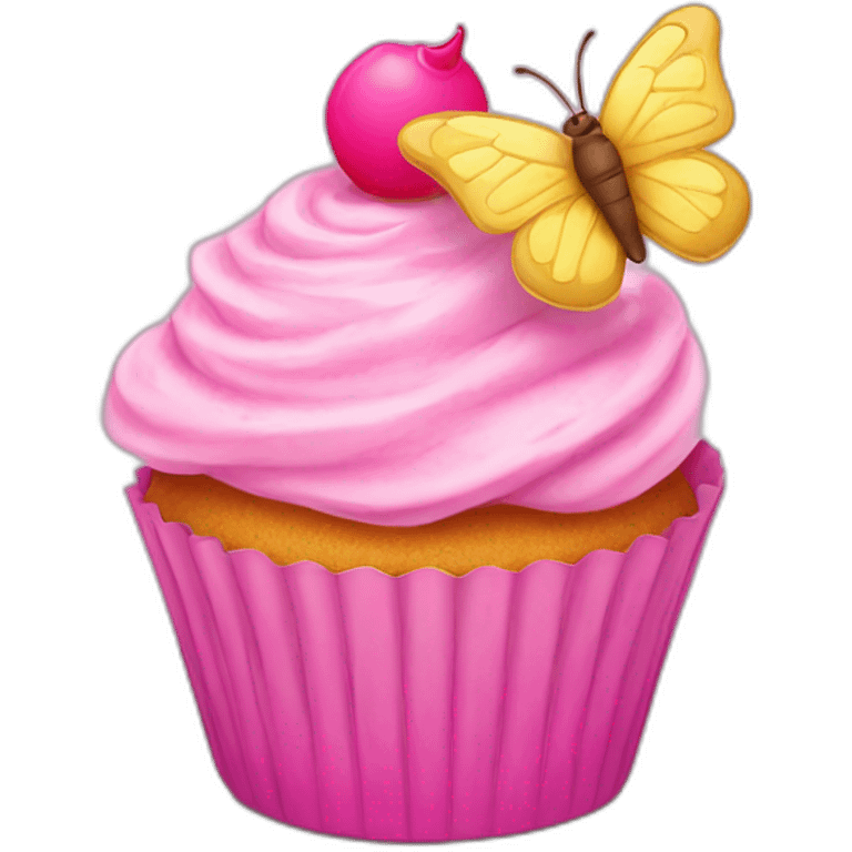 pink cupcake with a happy face and a pink butterfly  emoji