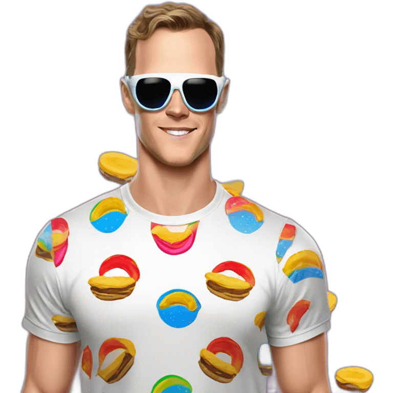 Fancy disco Jonathan Toews wearing rainbow lace shirt and wearing VR glasses and eating a moon pie emoji