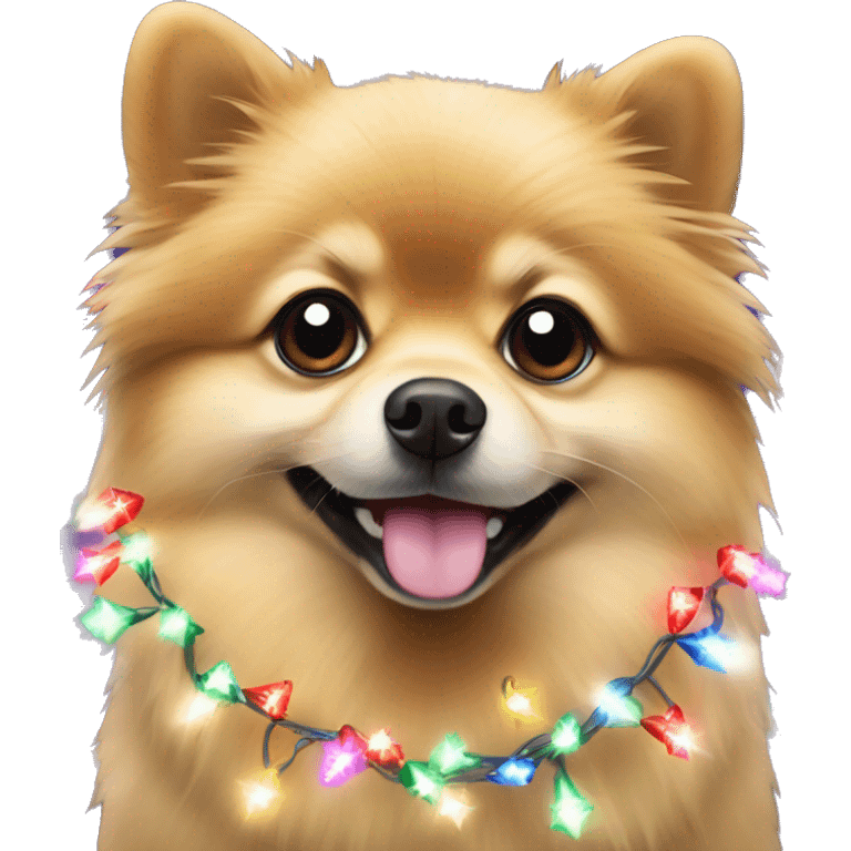 A Pomeranian wrapped in Christmas lights emoji