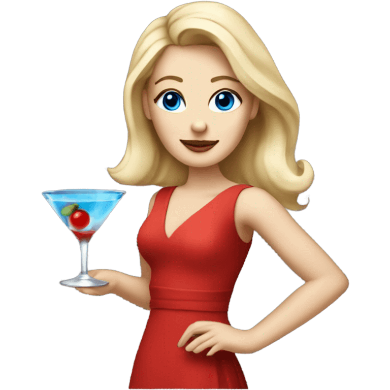 Beautiful blonde white woman with blue eyes red dress dancing with martini emoji