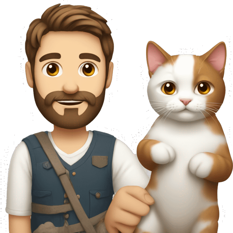 Russian brown hair man with beard holding cute white and red cat emoji