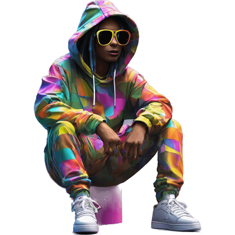 Multicoloured neon person smoking wearing patchwork patterned hippie groovy retro hoodie dancing hip hop bucket hat tropical Skater fashion aesthetic baggy clothes graphic t shirt 420 emoji