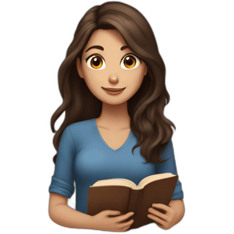 brunette girl with long hair with brown eyes reads a book emoji