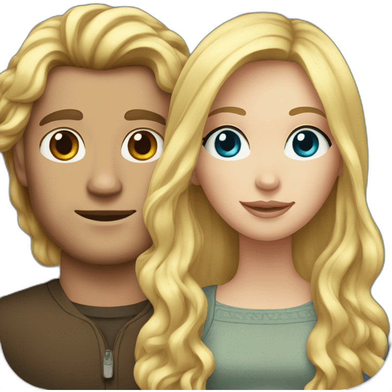 An american couple. The woman is blonde and has blue eyes and EXTREMELY long wavy hair. The man has dark brown, short hair, his left ear is perced. His eyes are green emoji