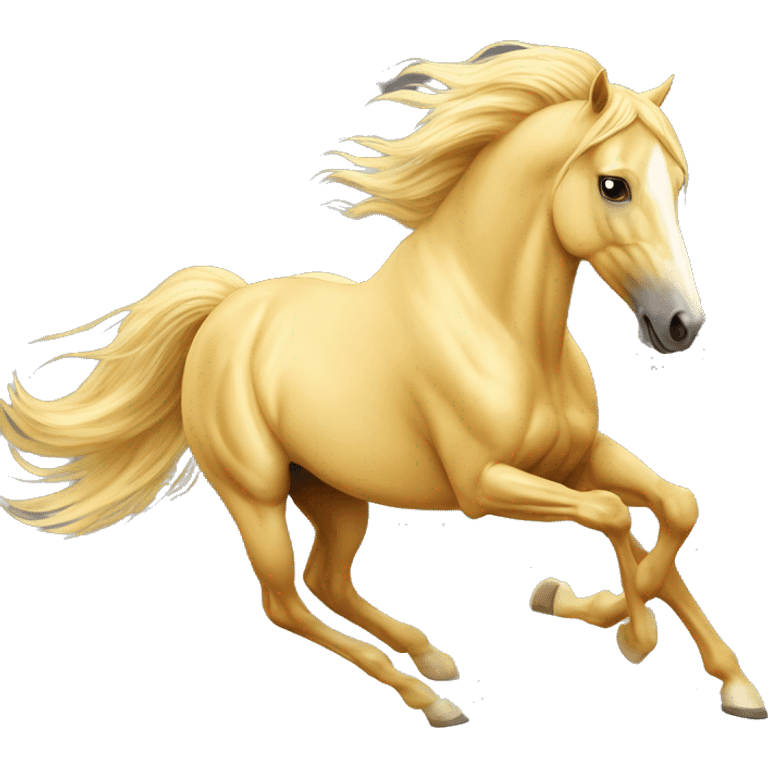 Yellow palomino horse with long flowing mane galloping with prosthetic leg, slender horse, solid yellow horse, running, yellow horse galloping with prosthetic leg, pretty horse emoji