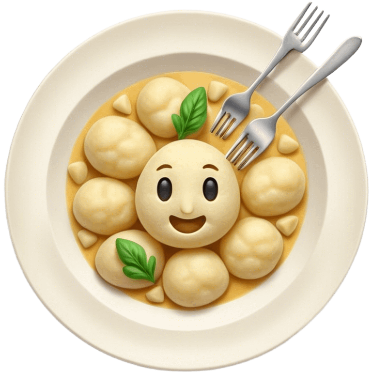 Gnocchi Cinematic Realistic Gnocchi Dish Emoji, depicted as tender potato dumplings garnished with iconic fork marks on top, rendered with soft textures and warm, inviting lighting. emoji