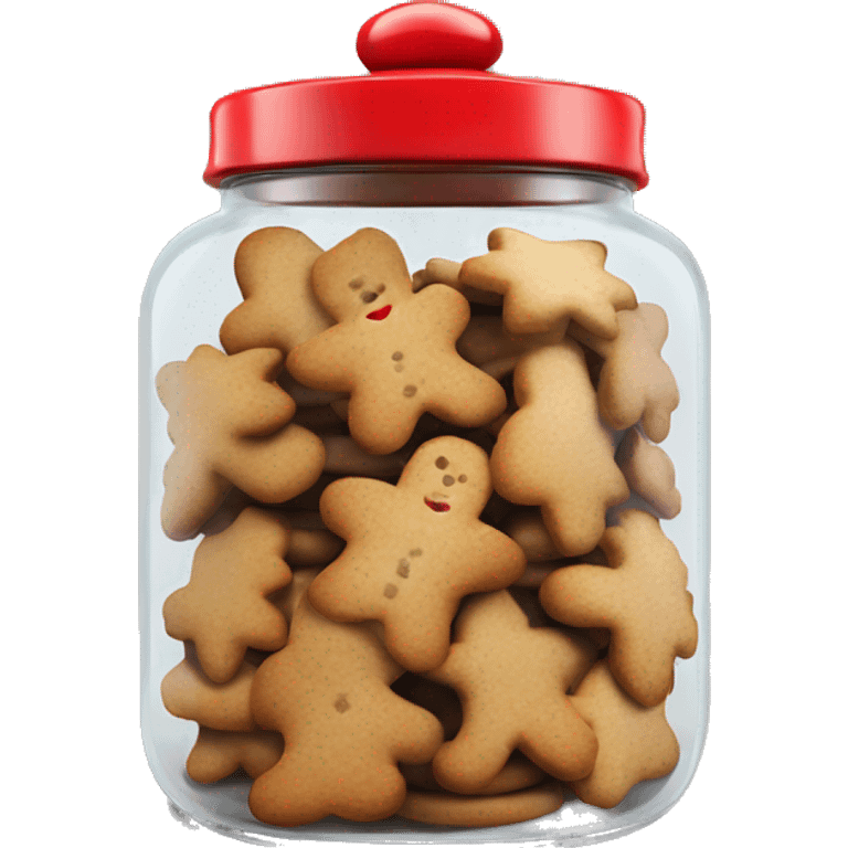 Realistic glass cookie jar with red lid full of gingerbread cookies isolated. emoji