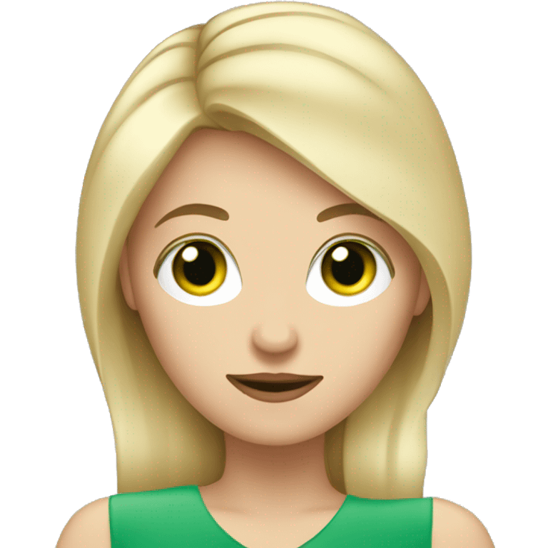 blonde woman, fair skin, green eyes, cell phone in hand emoji