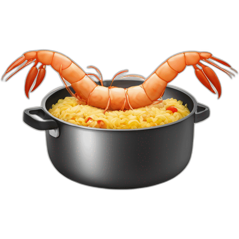 one tall shrimp dressed as a cook in an apron cooking fried rice in a skillet on a stovetop emoji