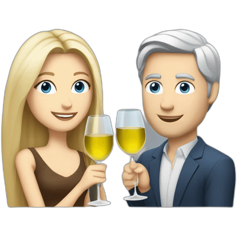 A white woman with brown eyes and blond medium long hair and a white man with blue eyes and grey hair, toasting with a glass of white wine emoji