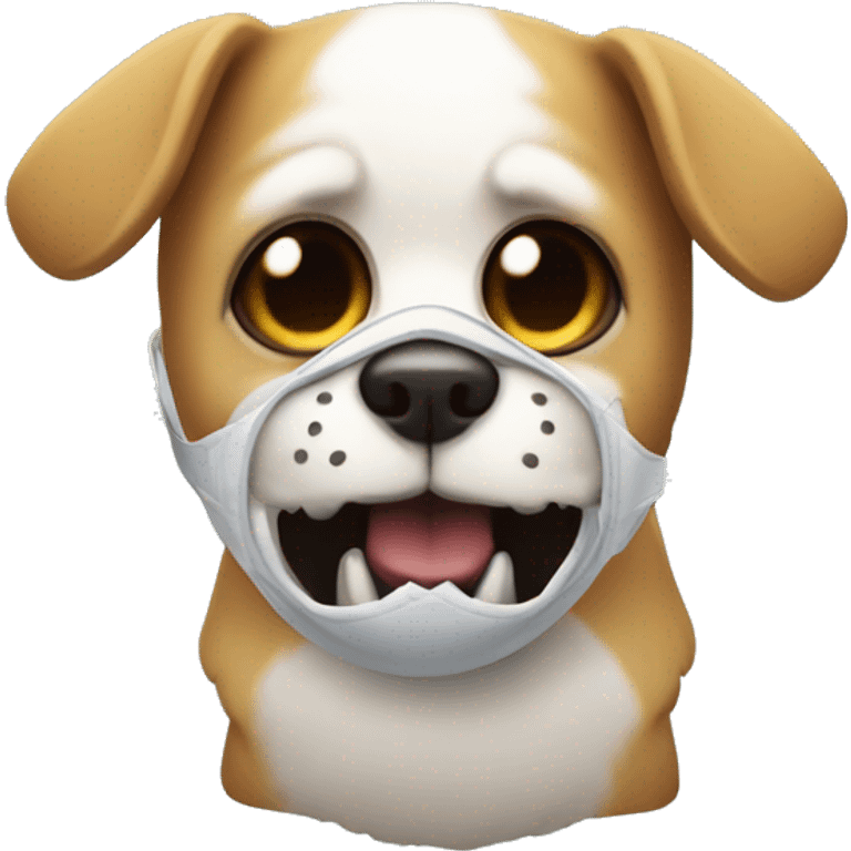 A little dog with a huge ball in its mouth, wearing a Skelton mask  emoji