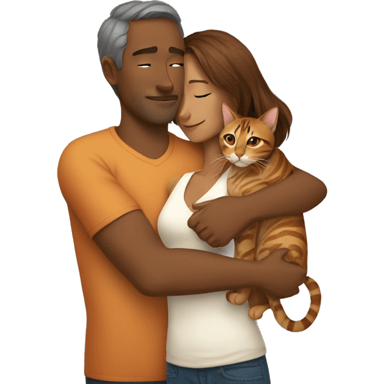 A man hugs a long brown-haired skinny hot woman and a bengal cat emoji