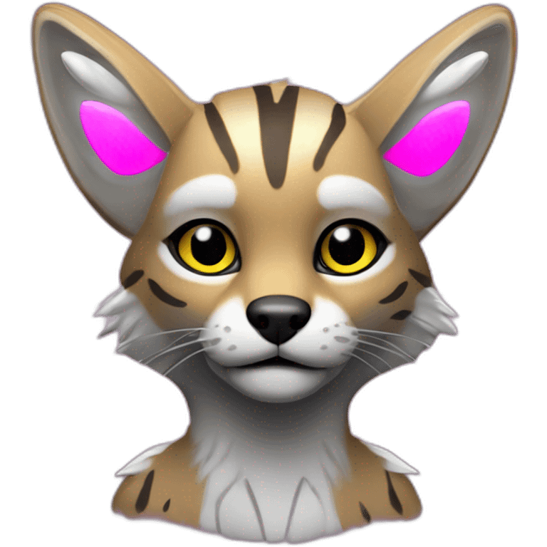 Coyote ocelot with grey and black fur and phoenix wings and pink ears, neon lights emoji