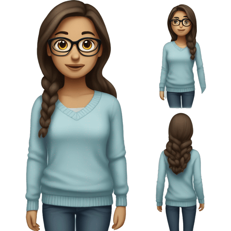 hispanic girl, long brown hair, brown eyes, full body, glasses, young, light blue winter sweater emoji