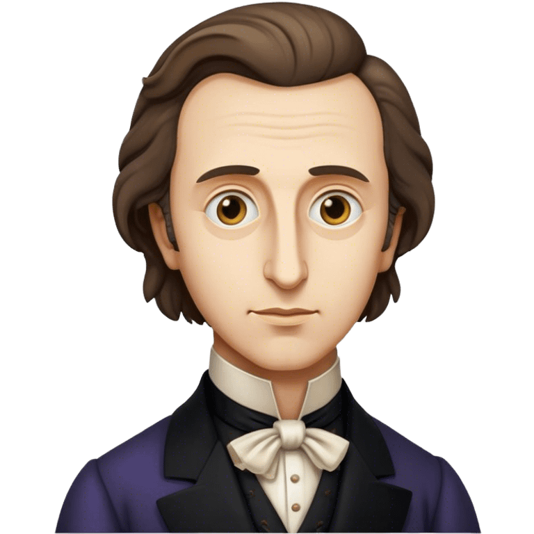 Cinematic Realistic Chopin Portrait Emoji, depicted as an introspective composer with expressive eyes and period attire, rendered with rich textured detail and soft classical lighting that captures his emotive musical genius. emoji