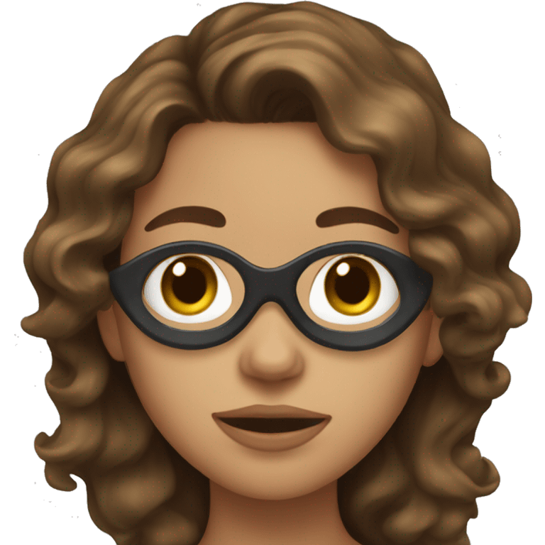 girl with wavy brown hair with mask on her face emoji