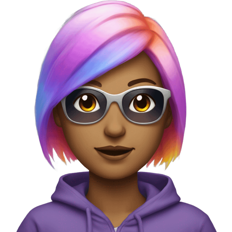 A white woman with rainbow hair, sparkly silver sunglasses, and a purple fuzzy hoodie with orange on the stomach emoji