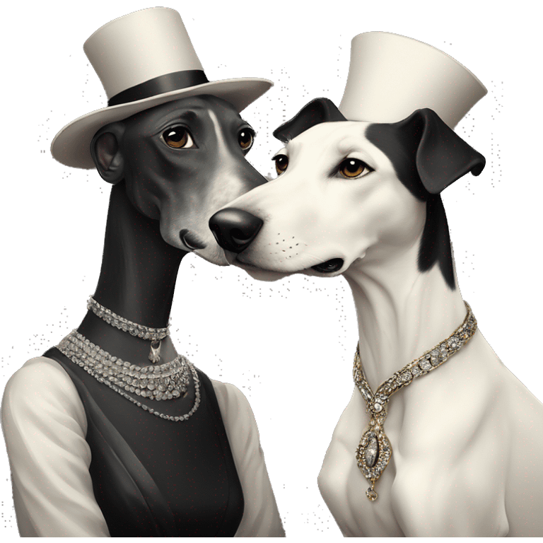 Two aristocrat dog black and white galgo kiss with women  emoji