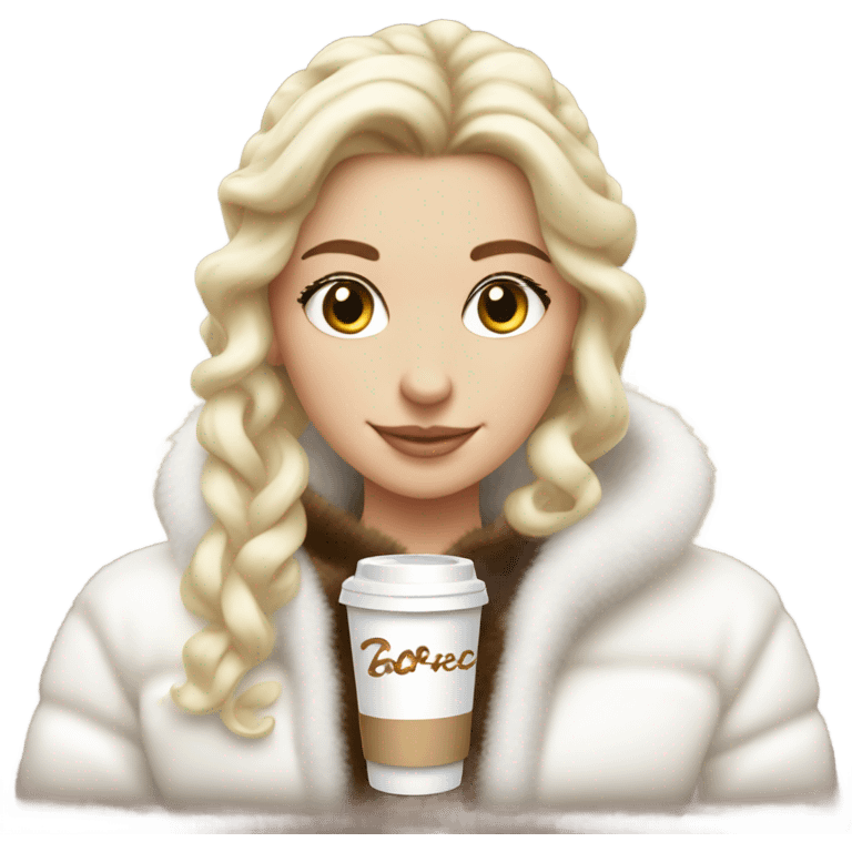 blonde girl wearing white fluffy jacket and a coffee to go in hand all dress white and a white bow on hair emoji