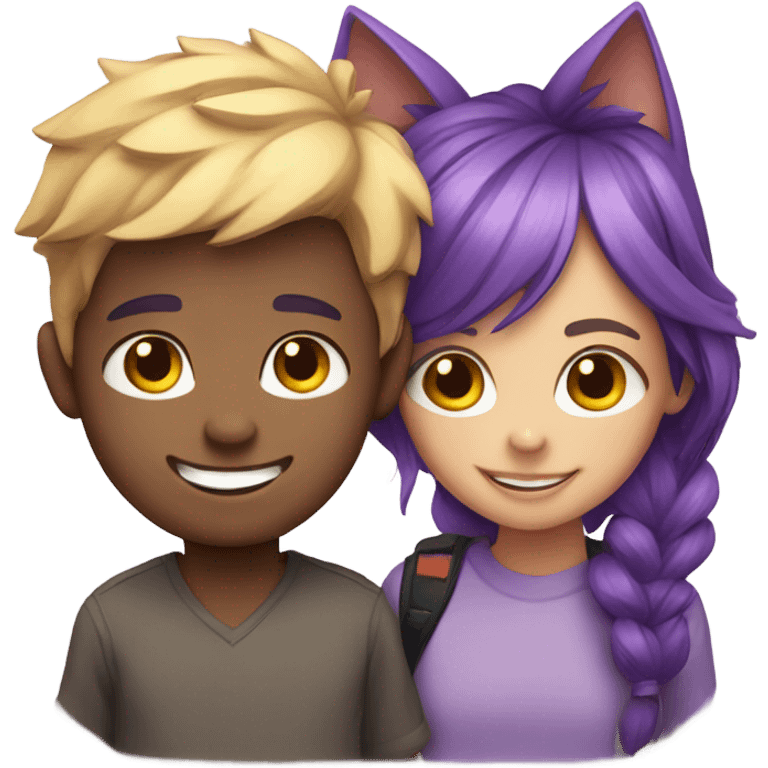 Smiling girl with purple hair and smiling boy with cat ears emoji