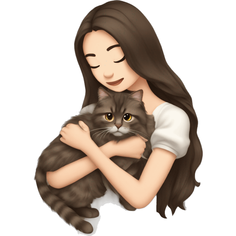 Beautiful skinny woman long dark brown hair in dress hug Siberian cat emoji