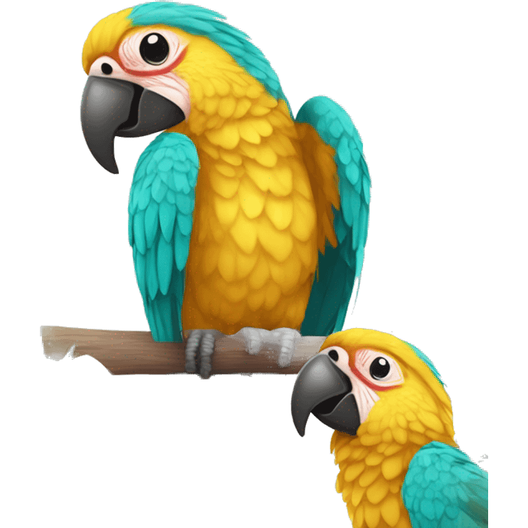 Summer beach cyan pink mustard yellow multicoloured parrot macaw bird holding a plant vine in beak Spanish Italian Mediterranean style floral emoji