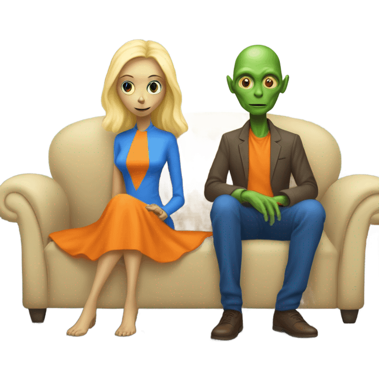 blonde alien reptilian woman in orange dress and humman man in blue, sitting on a couch  emoji