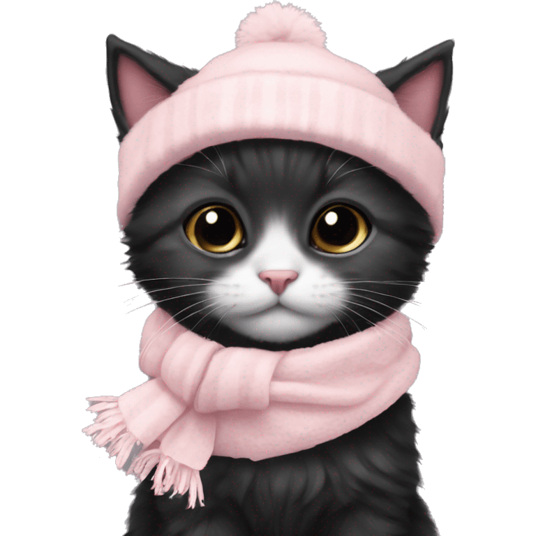 small fluffy black winter kitten with pale pink christmas hat and pale pink scarf ribbon emoji