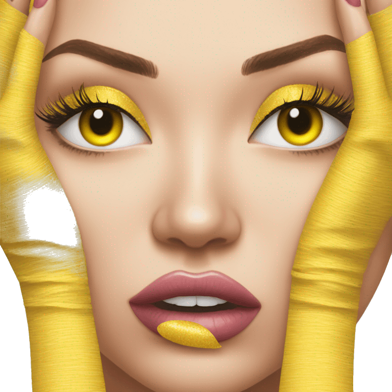 sassy yellow circle emoji, long manicured fingernails folded over a long sleeve shirt, fake eyelashes, full lips emoji