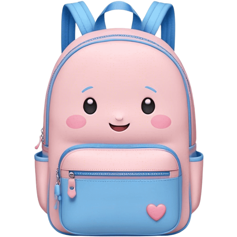 Cute Kawaii Backpack, round and chubby, soft pastel pink and blue, tiny heart-shaped zippers, blushing cheeks, a tiny smiling face, a happy school-time companion! emoji