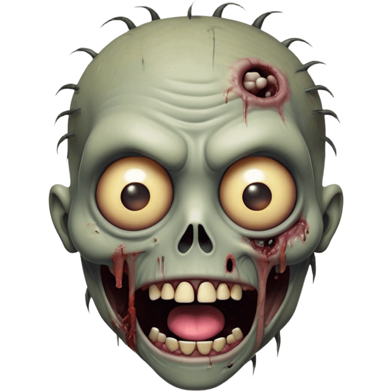 Cinematic Comical Zombie Portrait Emoji, with a grotesquely exaggerated yet playful decaying face in muted ashen tones, head cocked in a dramatically shocked expression with wildly comical, googly eyes and a gaping, silly grin revealing quirky stitches, simplified yet hilariously expressive, highly detailed with a soft eerie glowing outline capturing the absurd humor of a zombie in comic disbelief! emoji