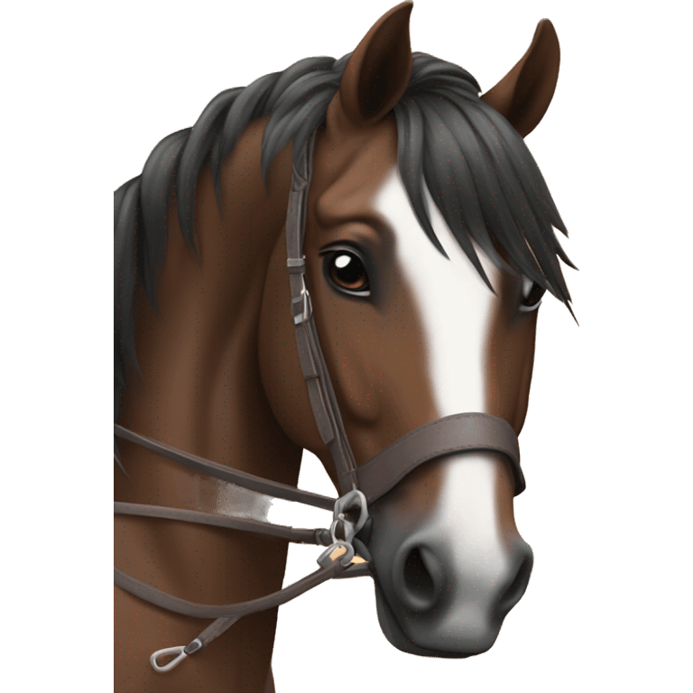 α realistic cute bay horse with tack and α rider on emoji