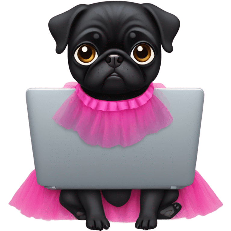 Black pug using a laptop while wearing a tutu dress emoji