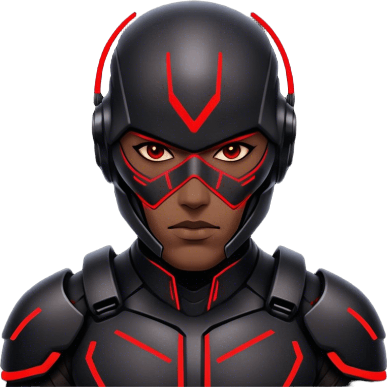 A cyber-warrior with a half-metallic face, neon red lines tracing his black armored skin emoji